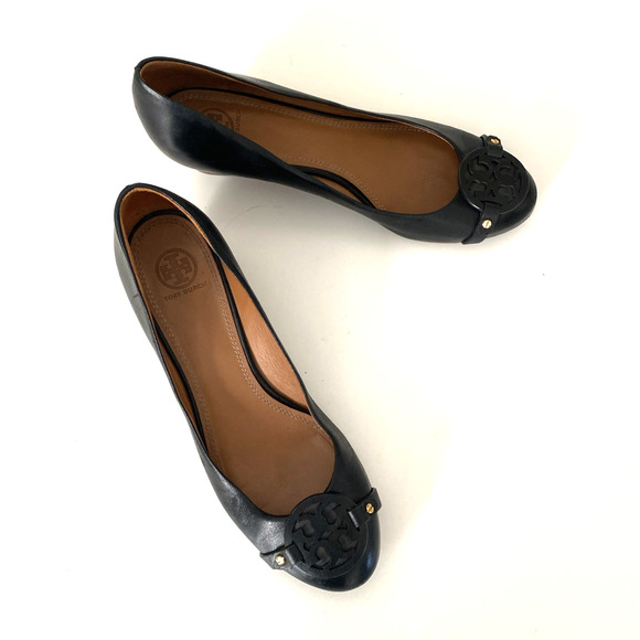 Tory Burch Mini Miller 45MM Black Wedge Pump Leather Round Toe Slip On Logo 10 M - Picture 8 of 10